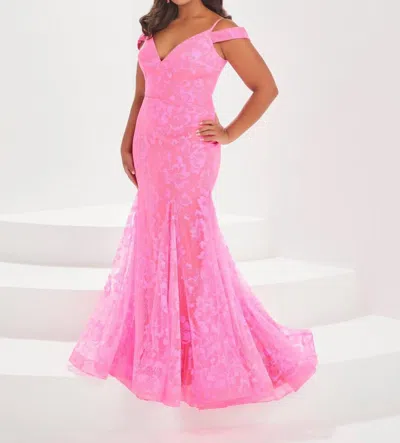 Tiffany Designs Glitter Cold Shoulder Gown In Bright Pink In Multi