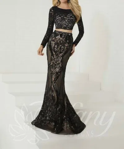 Tiffany Designs Women's Long Sleeve Two Piece Formal Dress In Black Nude