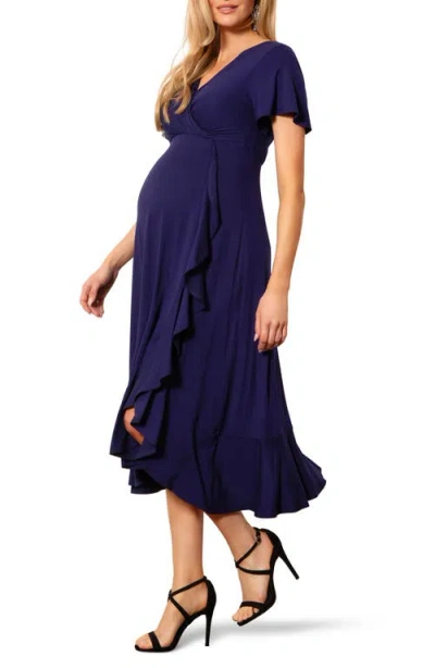 Tiffany Rose Waterfall Faux Wrap Maternity/nursing Midi Dress In Eclipse Blue