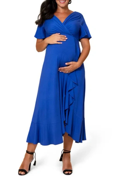 Tiffany Rose Waterfall Midi Maternity Dress In Blue