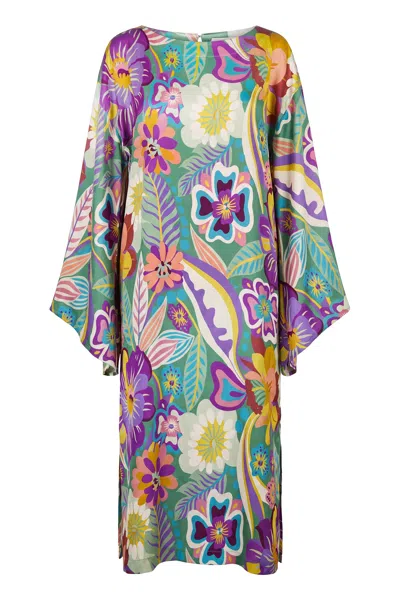 Tiger And The Monkey Women's Jen Two Green Mod Floral Silky Ecovero Viscose Classic Kaftan Dress