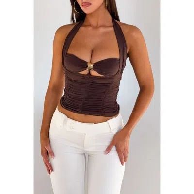 Tiger Mist Briallen Ruched Crop Halter Top In Brown
