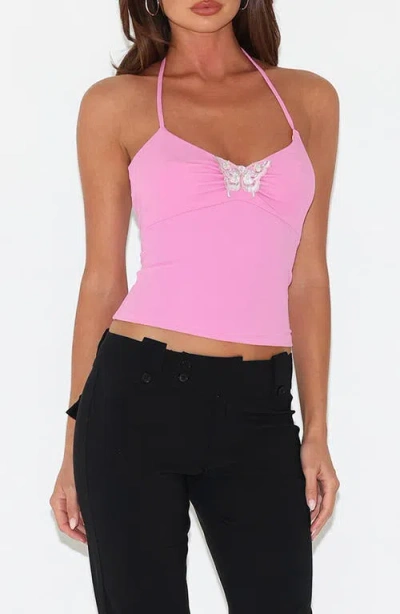 Tiger Mist Celestine Embroidered Butterfly Halter Top In Pink