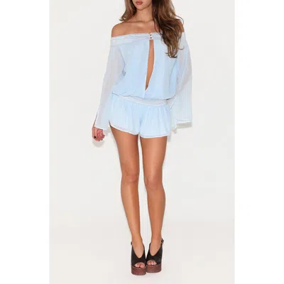 Tiger Mist Tessie Off The Shoulder Wide Sleeve Plunge Detail Cinched Waist Chiffon Romper In Blue