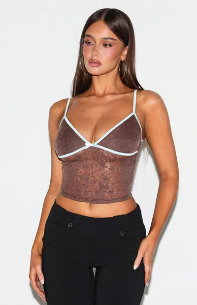 Tiger Mist Auburn Lace Contrast Trim Bow Detail Cami Top In Brown