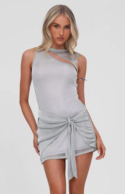 Tiger Mist Azelma Racerneck Cut Out Detail Tie Side Metallic Knit Mini Dress In Gray