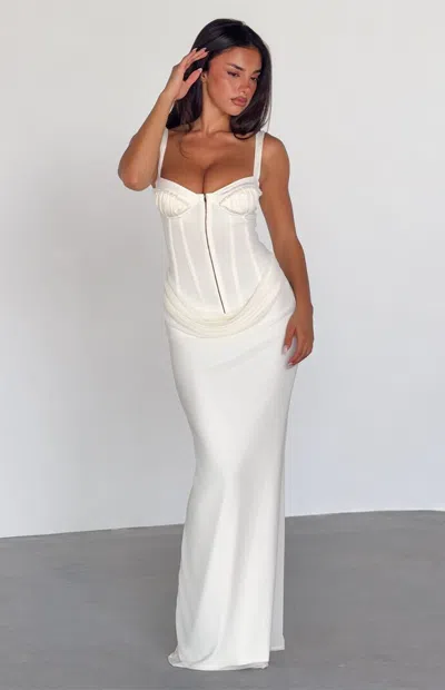 Tiger Mist Ginny Sheer Lace Up Corset Thigh Slit Maxi Dress In White