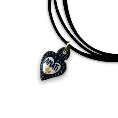 Tiké Jewels Women's Black Sacred Heart Amati Porcelain Choker Necklace – Gold Plated