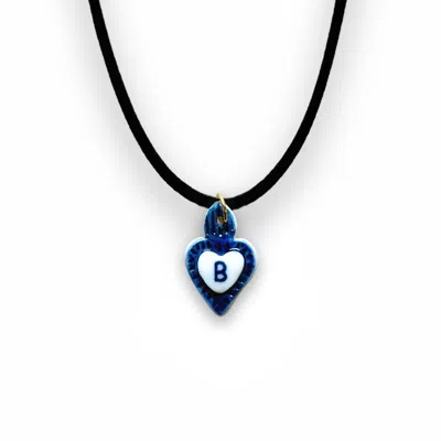 Tiké Jewels Women's Blue Sacred Heart Initial Letter B Porcelain Choker Necklace – Gold Plated