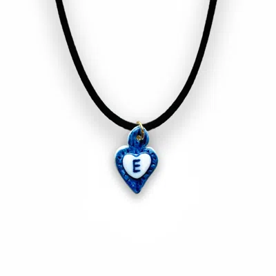 Tiké Jewels Women's Blue Sacred Heart Initial Letter E Porcelain Choker Necklace – Gold Plated
