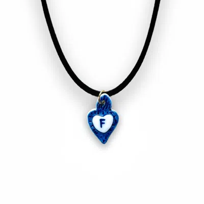 Tiké Jewels Women's Blue Sacred Heart Initial Letter F Porcelain Choker Necklace – Gold Plated