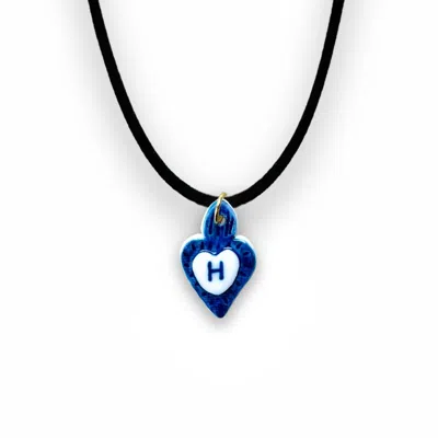Tiké Jewels Women's Blue Sacred Heart Initial Letter H Porcelain Choker Necklace – Gold Plated