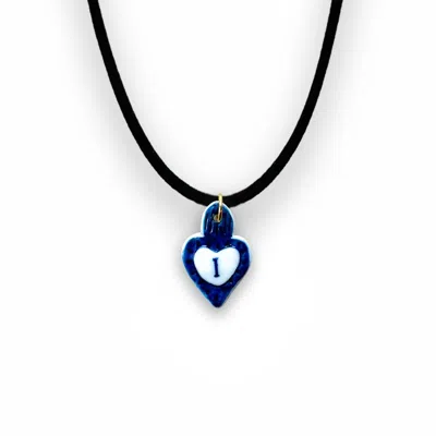 Tiké Jewels Women's Blue Sacred Heart Initial Letter I Porcelain Choker Necklace – Gold Plated