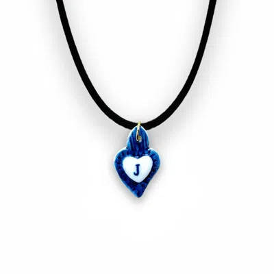Tiké Jewels Women's Blue Sacred Heart Initial Letter J Porcelain Choker Necklace – Gold Plated