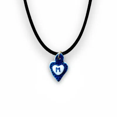 Tiké Jewels Women's Blue Sacred Heart Initial Letter M Porcelain Choker Necklace – Gold Plated