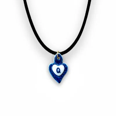 Tiké Jewels Women's Blue Sacred Heart Initial Letter Q Porcelain Choker Necklace – Gold Plated