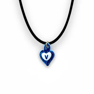 Tiké Jewels Women's Blue Sacred Heart Initial Letter V Porcelain Choker Necklace – Gold Plated