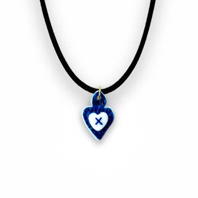 Tiké Jewels Women's Blue Sacred Heart Initial Letter X Porcelain Choker Necklace – Gold Plated