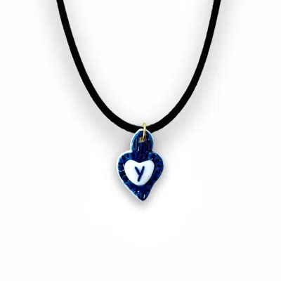 Tiké Jewels Women's Blue Sacred Heart Initial Letter Y Porcelain Choker Necklace – Gold Plated