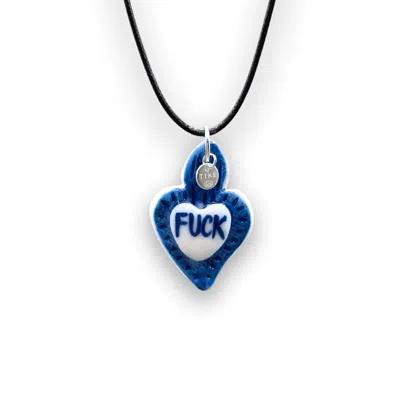 Tiké Jewels Women's Blue Sacred Heart Rebel Porcelain Choker Necklace - Sterling Silver