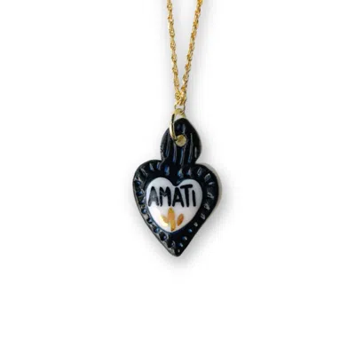 Tiké Jewels Women's Sacred Heart Amati Gold & Black Porcelain Necklace – Gold Plated