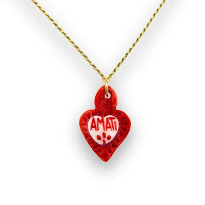 Tiké Jewels Women's Sacred Heart Amati Red Porcelain Necklace – Gold Plated
