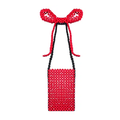 Tillie Beads Women's Black / Red Red Bow Black String Hand Beaded Fancy Bag