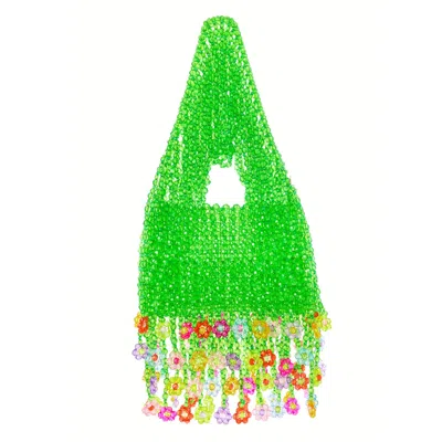 Tillie Beads Women's Fresh Green Beaded Bag With Colorful Flower Fringe