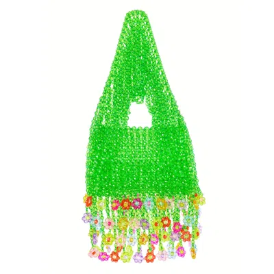 Tillie Beads Women's Fresh Green Beaded Bag With Flower Fringe