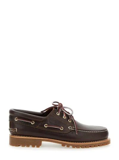 Timberland Authentic Brown Loafers With Embossed Logo On The Side In Leather Man In Burgundy