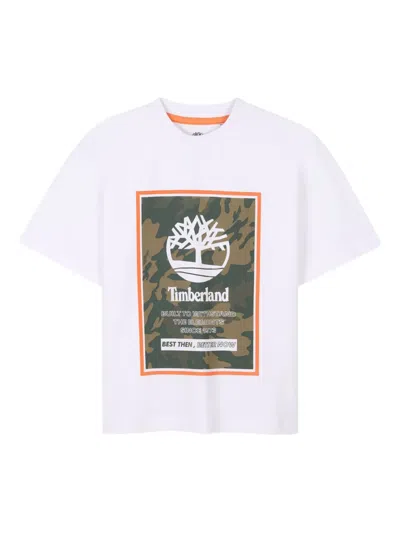 Timberland Kids' Camouflage-print Box-logo T-shirt In White