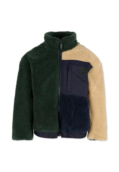 Timberland Kids' Green Faux Fur Jacket For Boy With Logo In Multi