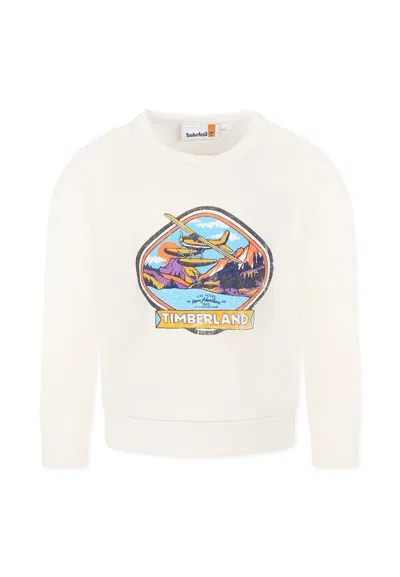 Timberland Kids' Ivory Sweatshirt For Boy With Logo And Print