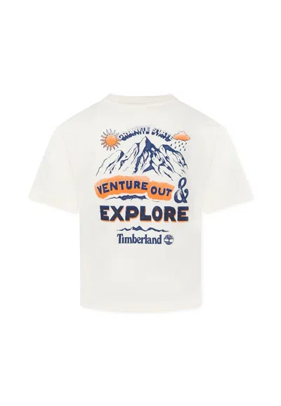 Timberland Kids' Ivory T-shirt For Boy With Logo And Landscape