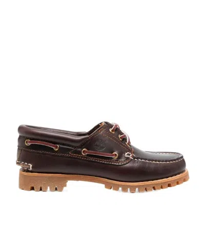 Timberland Eyelet Leather Boat Rubber Stitch Detailing In Brown