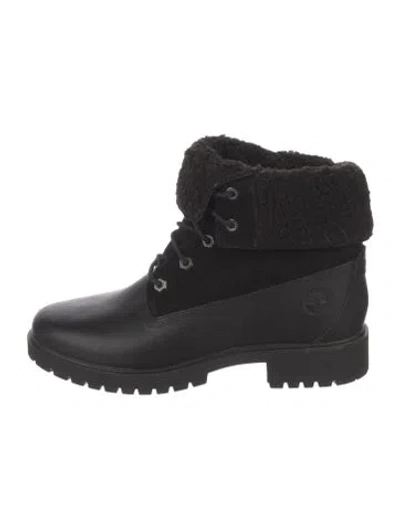 Pre-owned Timberland Leather Fur Trim Combat Boots In Black