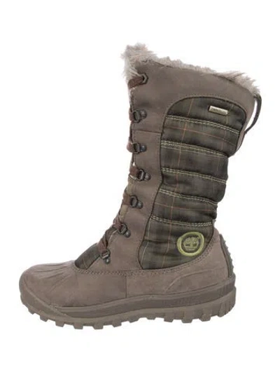 Pre-owned Timberland Leather Plaid Print Lace-up Boots In Green
