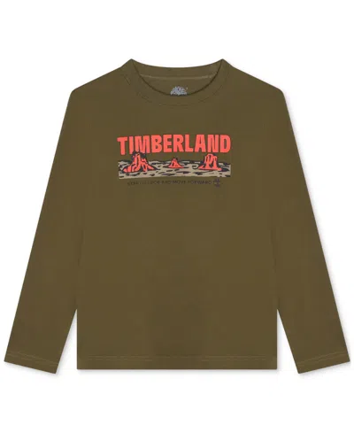 Timberland Kids' Little Boys Long-sleeve Logo Graphic T-shirt In Khaki