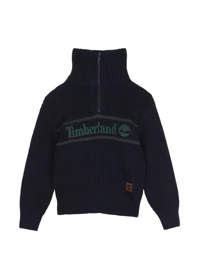 Timberland Logo-embroidered Zip-neck Sweater In Blue
