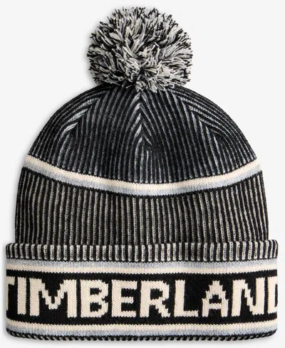 Timberland Men's Pom  Jacquard Logo Beanie Hat In Black