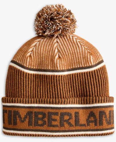 Timberland Men's Pom  Jacquard Logo Beanie Hat In Brown