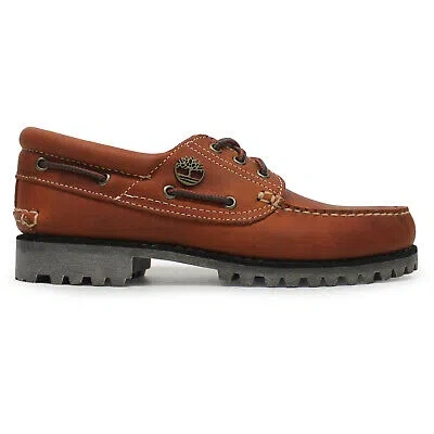 Pre-owned Timberland Mens Shoes Authentic Boat Casual Lace-up Full Grain Leather In Medium Orange