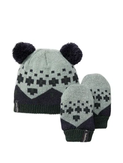 Timberland Babies' Pom-pom Geometric Beanie Hat Set In Gray