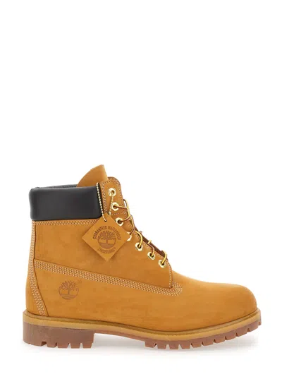 Timberland Premium Beige Ankle Boots With Embossed Logo On The Side And Front Lace-up Closure In Leather Man In Gold