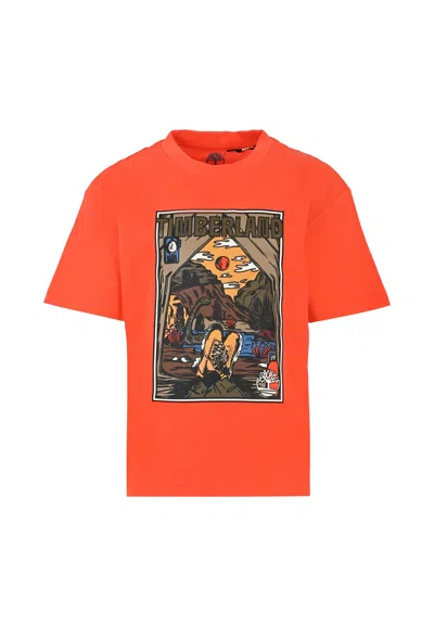 Timberland Kids' Red T-shirt For Boy With Landscape Print In Orange