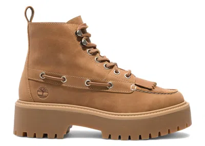Pre-owned Timberland Stone Street Mid 7eye Platform Kiltie Boot Fullgrain (women's) Sneakers In Wheat In Sand