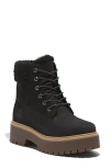Timberland Stone Street Waterproof Faux Fur Lined Platform Boot In Black Nubuck