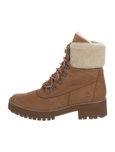 Pre-owned Timberland Suede Fur Trim Combat Boots In Brown