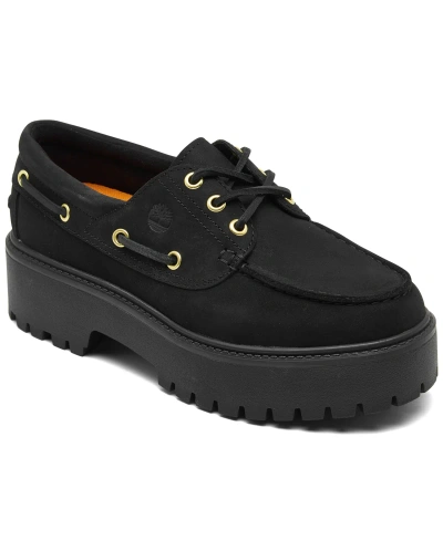 Timberland Women's Stone Street 3-eye Premium Leather Platform Boat Shoes From Finish Line In Black