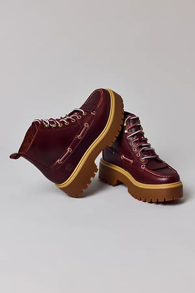 TIMBERLAND WOMEN'S STONE STREET MID LACE-UP WATERPROOF BOOT IN BURGUNDY FULL GRAIN, WOMEN'S AT URBAN OUTFITTERS